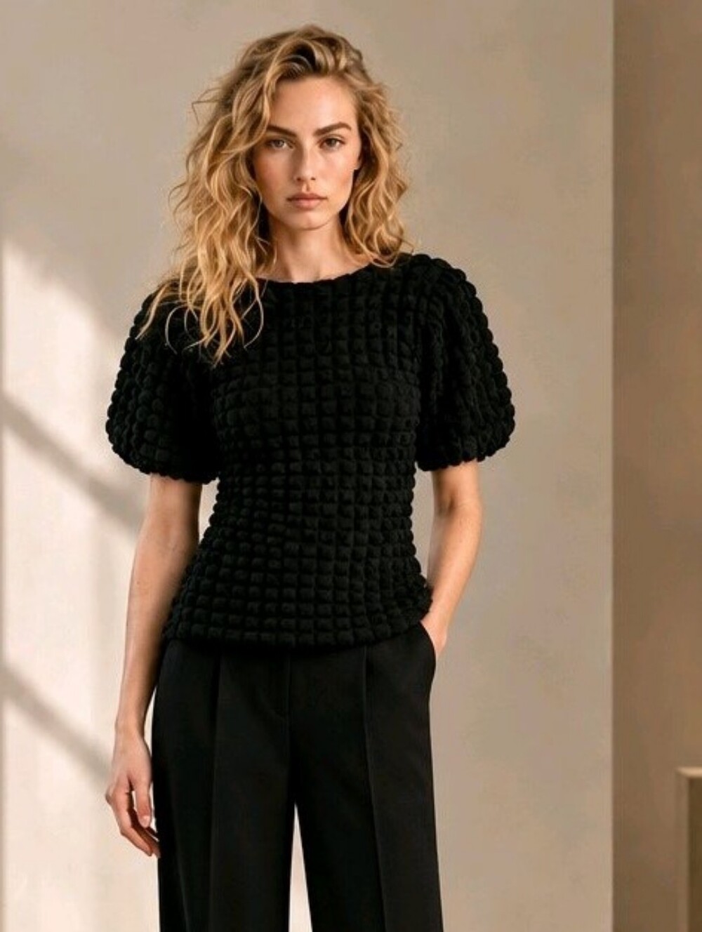 Anthropologie Eri + Ali Textured Bubble Puff-Sleeve Top Black